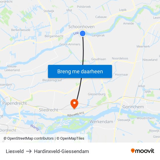 Liesveld to Hardinxveld-Giessendam map