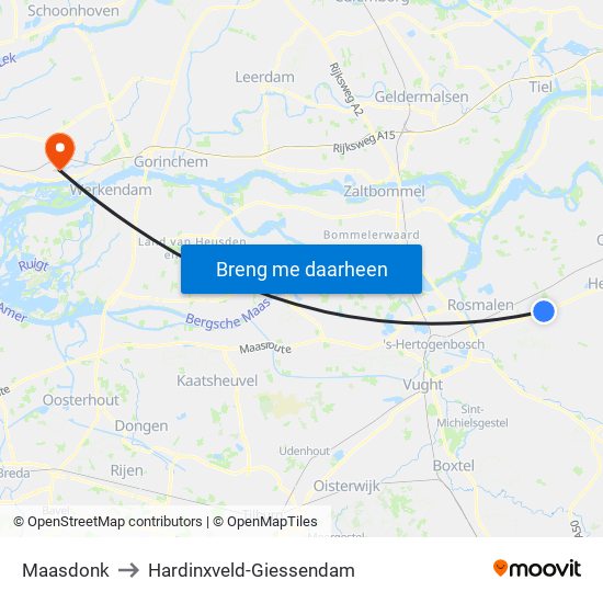 Maasdonk to Hardinxveld-Giessendam map