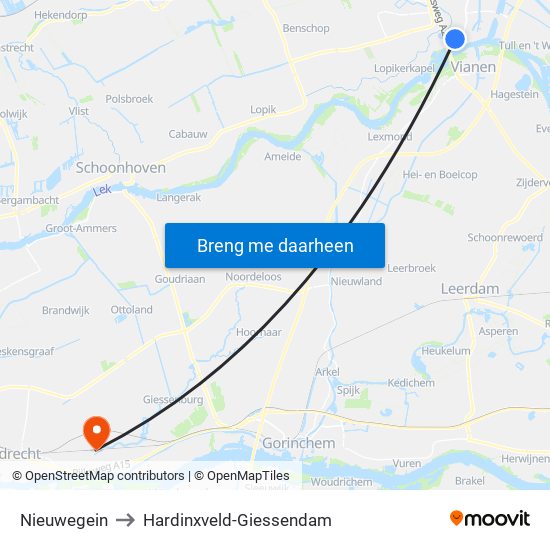 Nieuwegein to Hardinxveld-Giessendam map