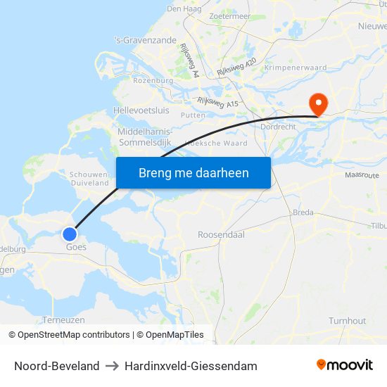 Noord-Beveland to Hardinxveld-Giessendam map