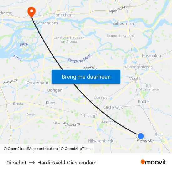 Oirschot to Hardinxveld-Giessendam map