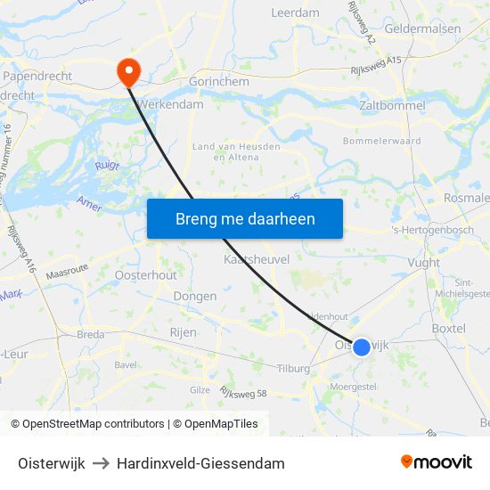 Oisterwijk to Hardinxveld-Giessendam map