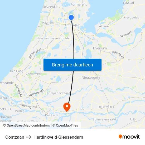 Oostzaan to Hardinxveld-Giessendam map