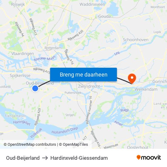 Oud-Beijerland to Hardinxveld-Giessendam map