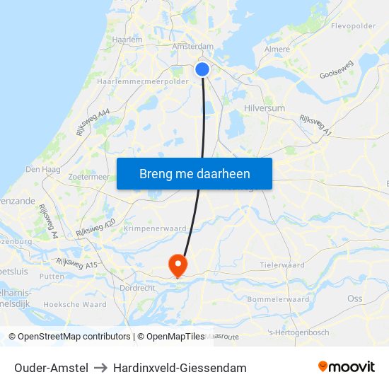 Ouder-Amstel to Hardinxveld-Giessendam map
