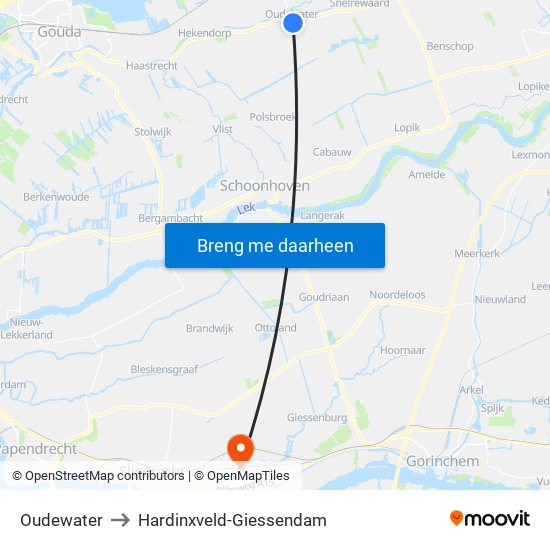 Oudewater to Hardinxveld-Giessendam map