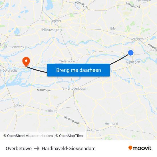 Overbetuwe to Hardinxveld-Giessendam map