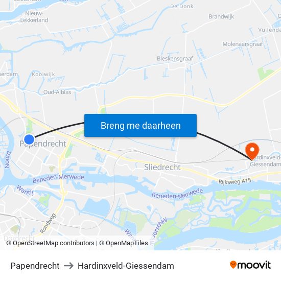 Papendrecht to Hardinxveld-Giessendam map