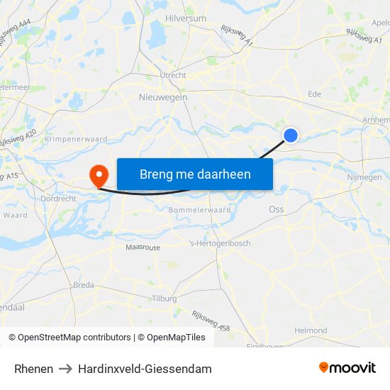 Rhenen to Hardinxveld-Giessendam map