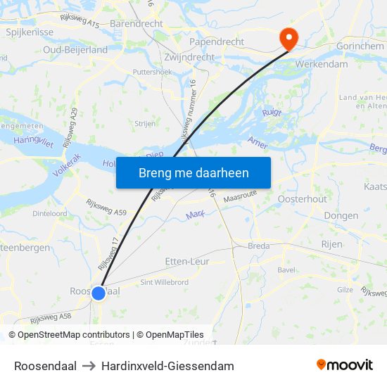 Roosendaal to Hardinxveld-Giessendam map