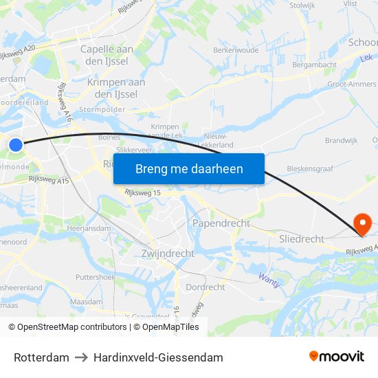 Rotterdam to Hardinxveld-Giessendam map