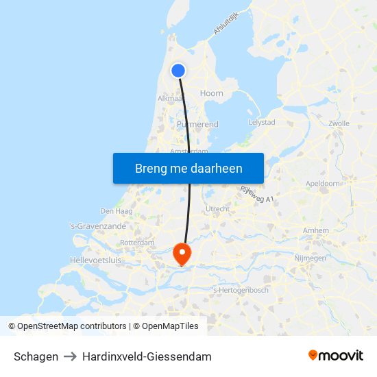 Schagen to Hardinxveld-Giessendam map