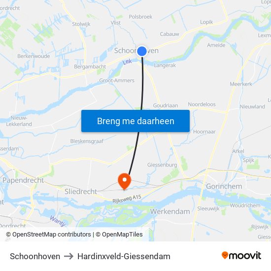 Schoonhoven to Hardinxveld-Giessendam map