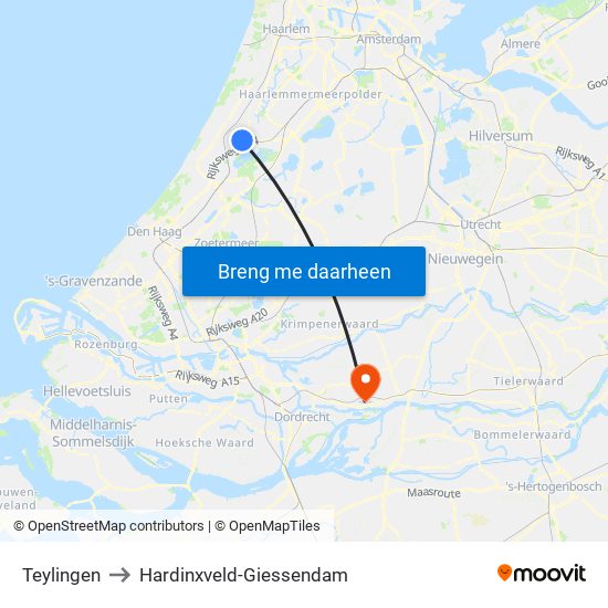 Teylingen to Hardinxveld-Giessendam map