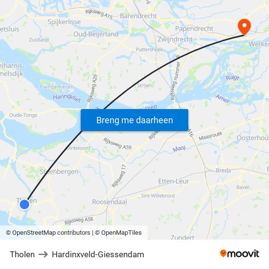 Tholen to Hardinxveld-Giessendam map