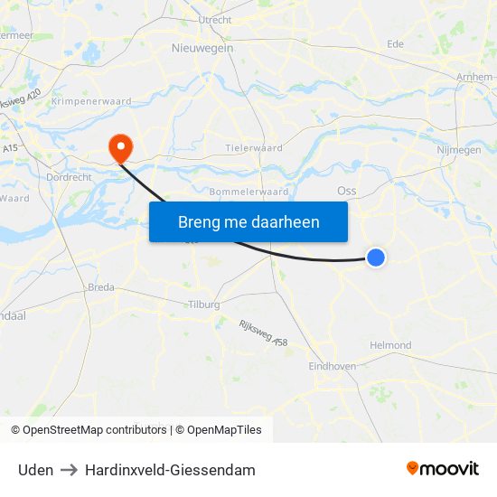 Uden to Hardinxveld-Giessendam map