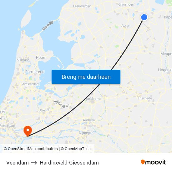 Veendam to Hardinxveld-Giessendam map