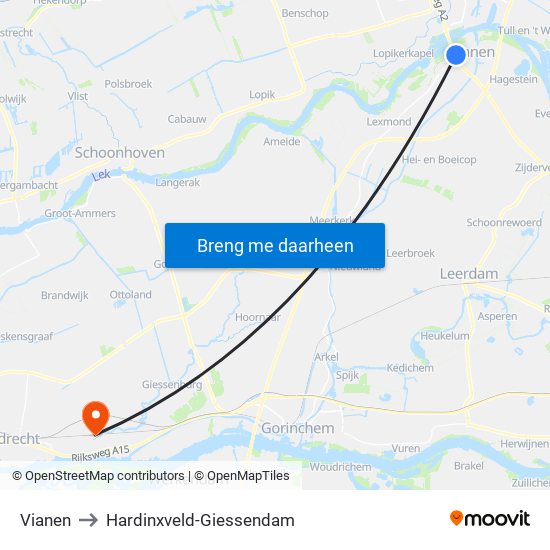 Vianen to Hardinxveld-Giessendam map