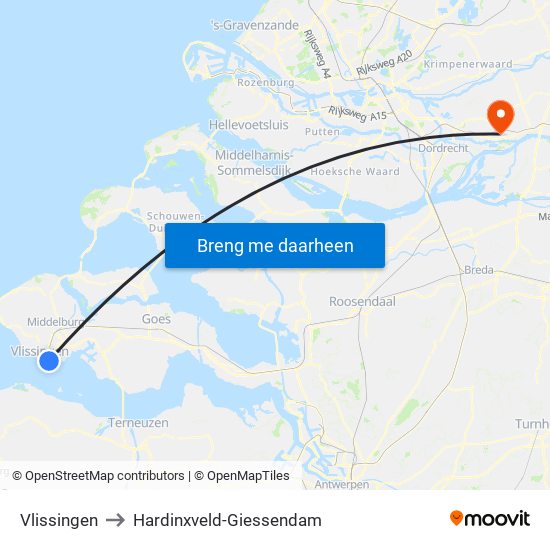 Vlissingen to Hardinxveld-Giessendam map