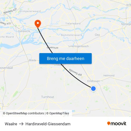 Waalre to Hardinxveld-Giessendam map