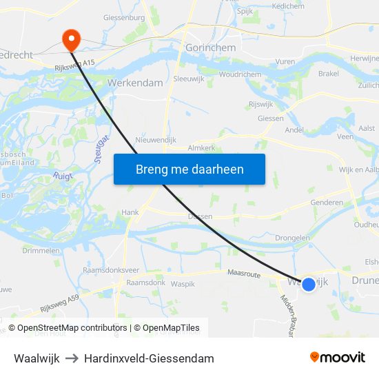 Waalwijk to Hardinxveld-Giessendam map