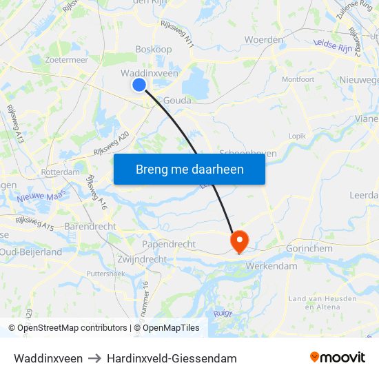 Waddinxveen to Hardinxveld-Giessendam map