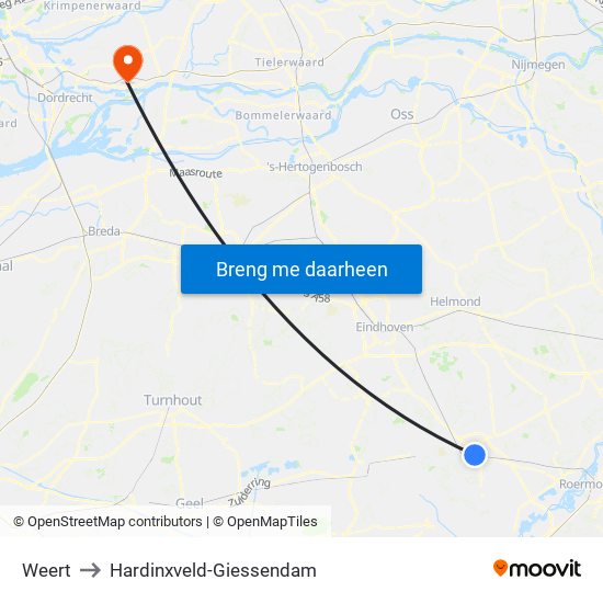 Weert to Hardinxveld-Giessendam map