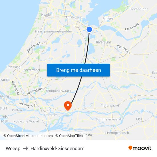 Weesp to Hardinxveld-Giessendam map