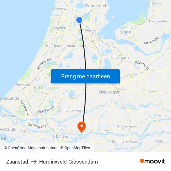 Zaanstad to Hardinxveld-Giessendam map