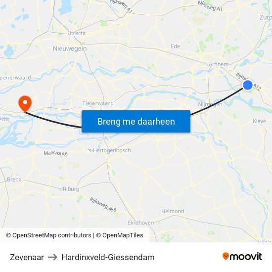 Zevenaar to Hardinxveld-Giessendam map
