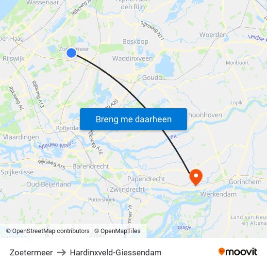 Zoetermeer to Hardinxveld-Giessendam map