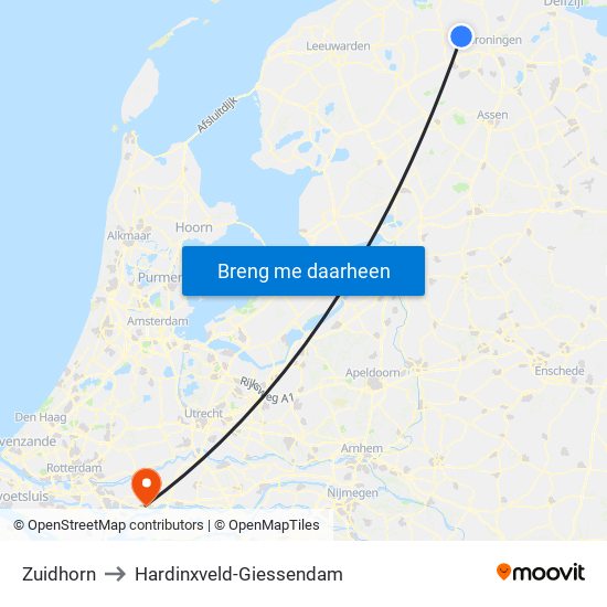 Zuidhorn to Hardinxveld-Giessendam map