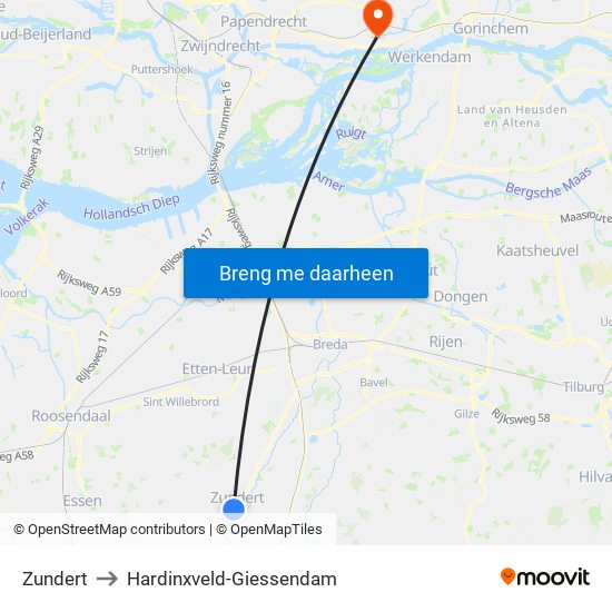 Zundert to Hardinxveld-Giessendam map