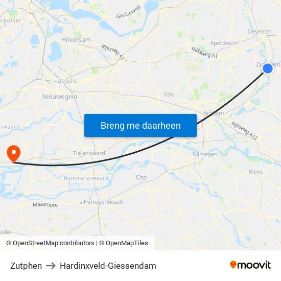 Zutphen to Hardinxveld-Giessendam map