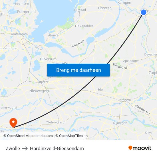 Zwolle to Hardinxveld-Giessendam map