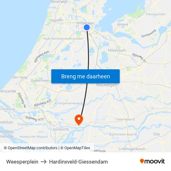 Weesperplein to Hardinxveld-Giessendam map