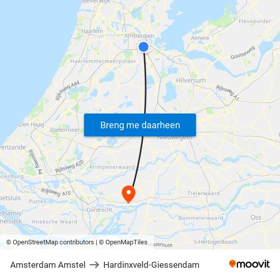 Amsterdam Amstel to Hardinxveld-Giessendam map