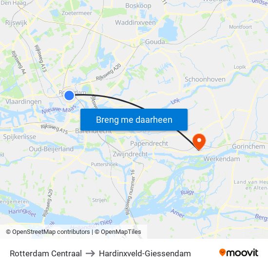 Rotterdam Centraal to Hardinxveld-Giessendam map