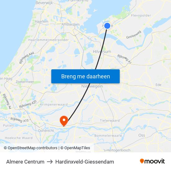 Almere Centrum to Hardinxveld-Giessendam map