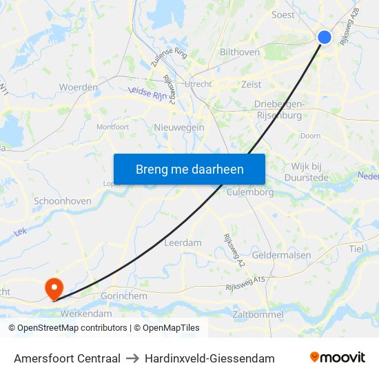 Amersfoort Centraal to Hardinxveld-Giessendam map