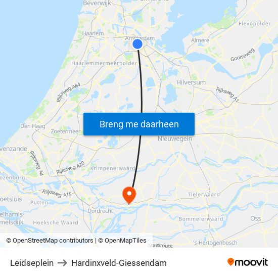 Leidseplein to Hardinxveld-Giessendam map