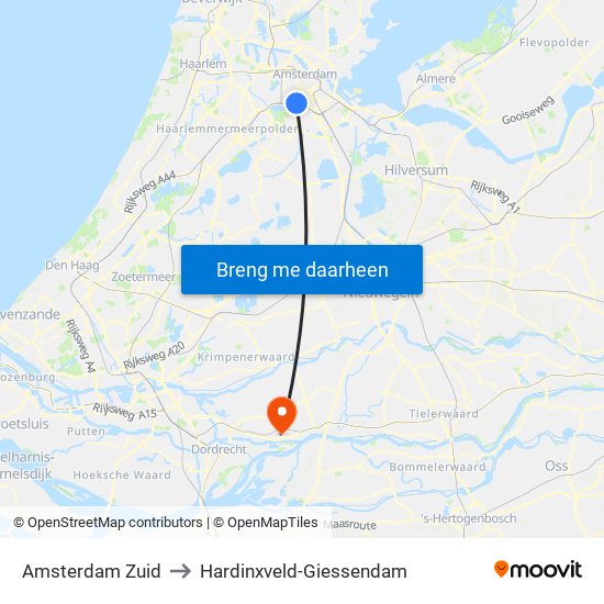 Amsterdam Zuid to Hardinxveld-Giessendam map