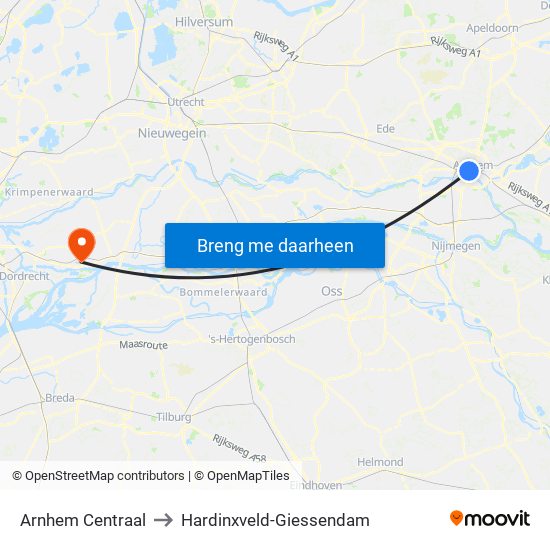 Arnhem Centraal to Hardinxveld-Giessendam map