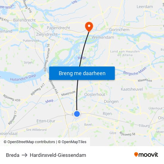 Breda to Hardinxveld-Giessendam map