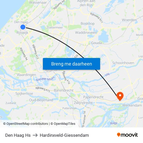 Den Haag Hs to Hardinxveld-Giessendam map