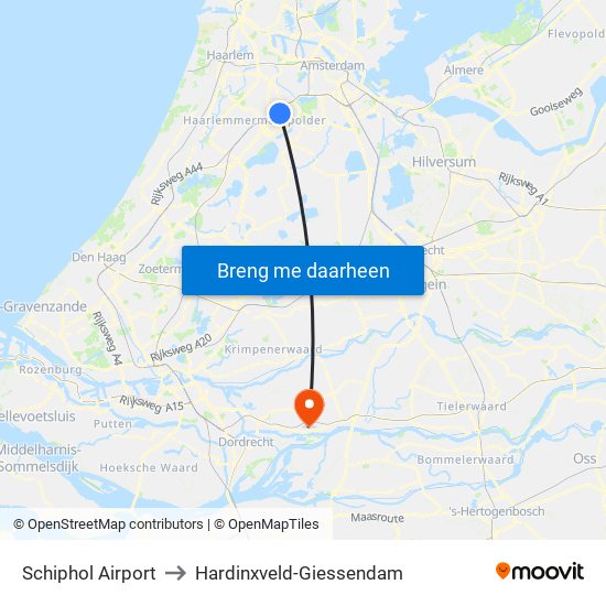Schiphol Airport to Hardinxveld-Giessendam map