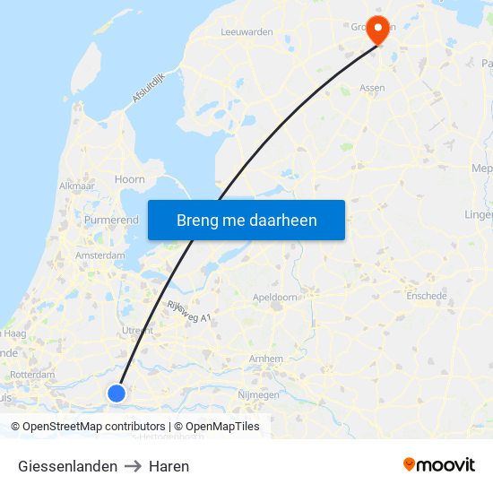 Giessenlanden to Haren map