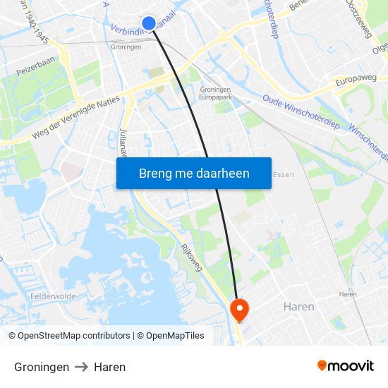 Groningen to Haren map