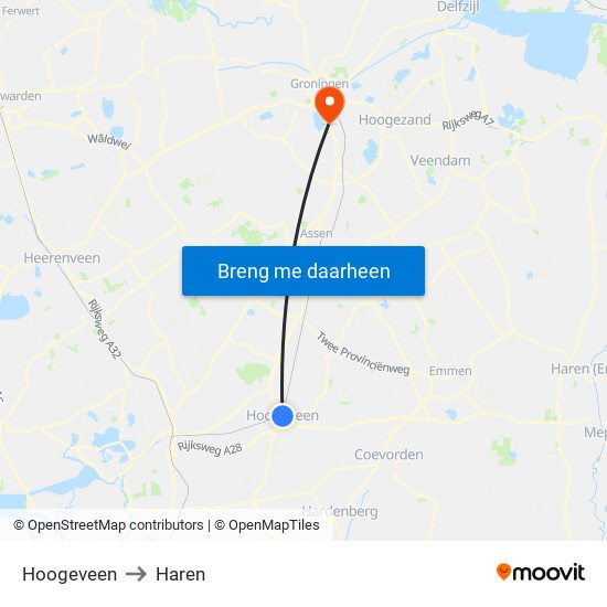 Hoogeveen to Haren map