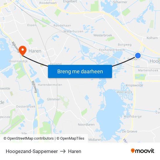 Hoogezand-Sappemeer to Haren map